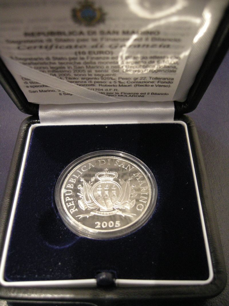 (afbeelding voor) 10 Euro zilver proof San Marino 2005 in capsule.